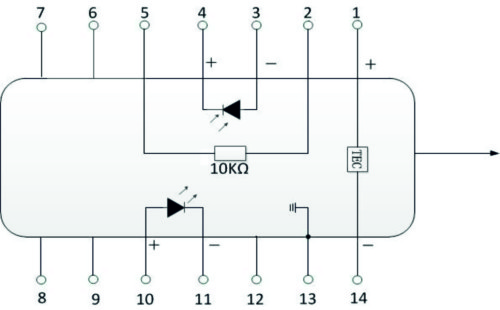 схема и обозначения контактов полупроводникового лазерного модуля накачки с оптоволоконным выводом излучения