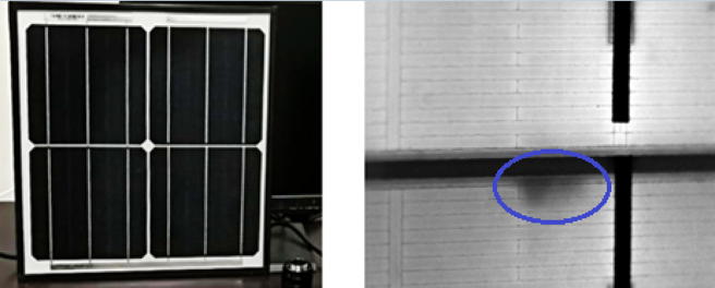 Пример изображения панели солнечной батареи. Слева показано изображение солнечной батареи, полученной при помощи ТВ-камеры, справа – изображение, полученное со SWIR камеры GHOPTO GH-SWU2, синим цветом показан обнаруженный дефект при производстве солнечной батареи.